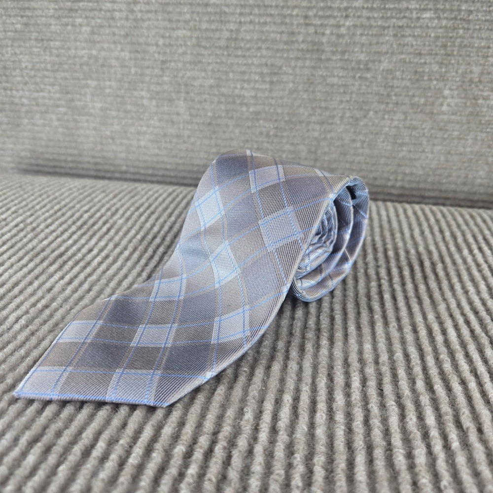 Pronto Uomo Mens Grey Blue Plaid Silk Necktie